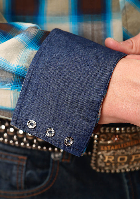 Men's Roper Brown & Blue Arrow Plaid Western Shirt