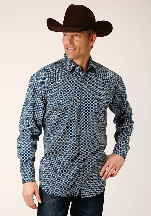 Men's Roper Navy Diamond Print Western Shirt