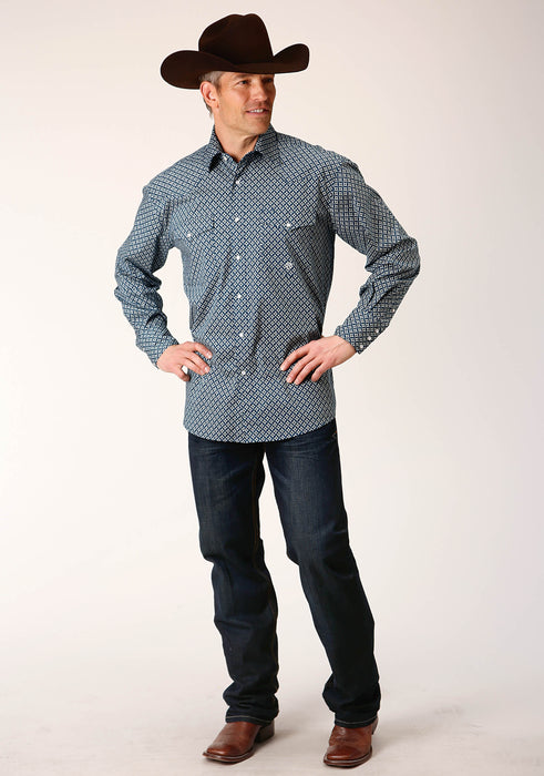 Men's Roper Navy Diamond Print Western Shirt