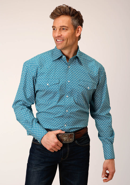 Men's Roper Turquoise Diamond Print Western Shirt