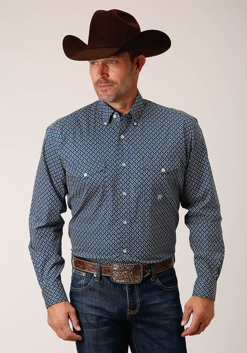 Men's Roper Navy Diamond Print Western Shirt