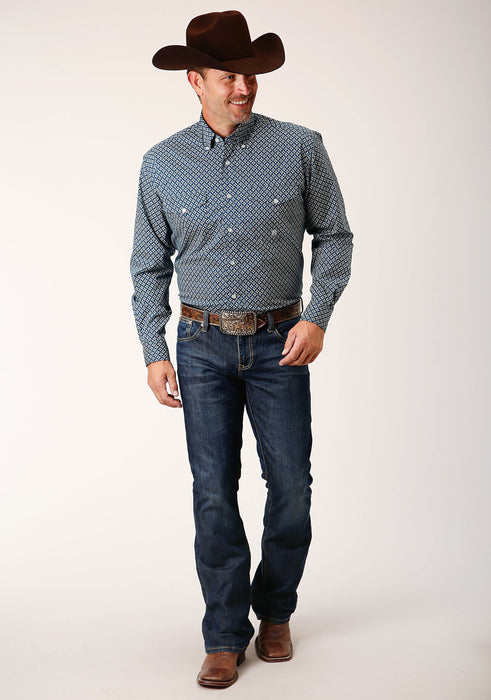 Men's Roper Navy Diamond Print Western Shirt