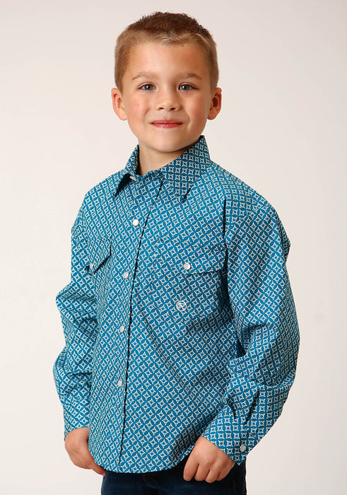 Boy's Roper Turquoise Diamond Print Western Shirt