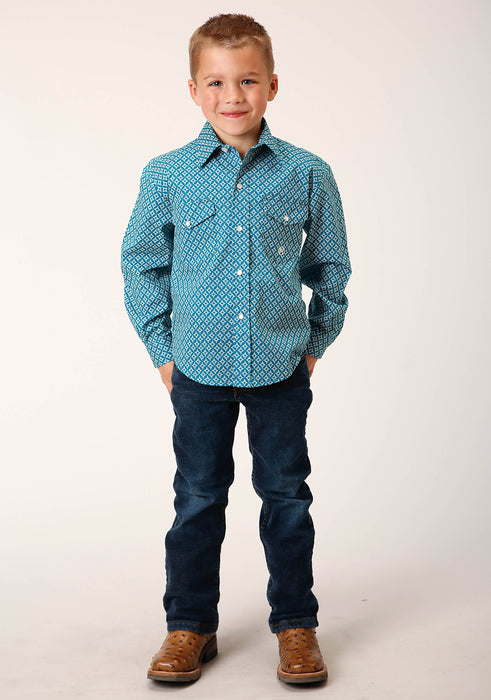 Boy's Roper Turquoise Diamond Print Western Shirt