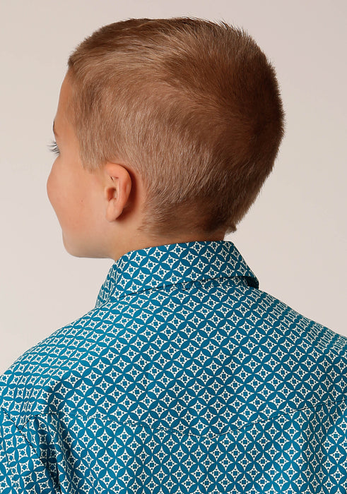 Boy's Roper Turquoise Diamond Print Western Shirt