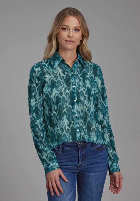 Women's Roper Teal Feather Print Long Sleeve Western Shirt