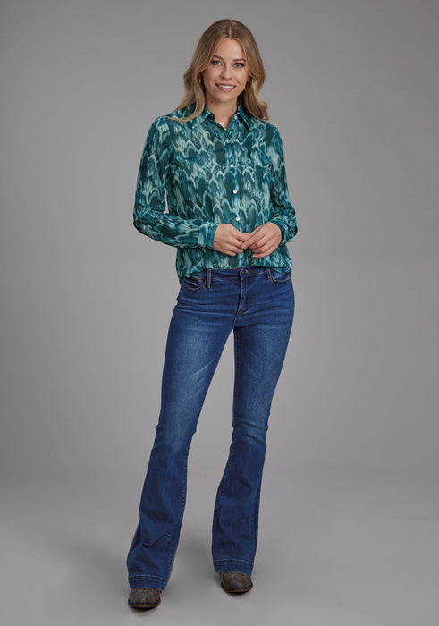 Women's Roper Teal Feather Print Long Sleeve Western Shirt