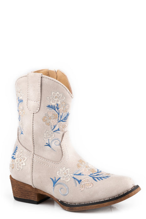 Girls Roper Vintage White Faux Leather Snip Toe Toddler Boot w/ Floral Emboidery