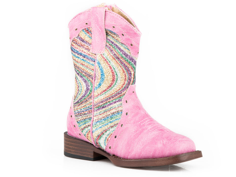Girls Roper Pink Swirly Glitter Square Toe Toddler Boot