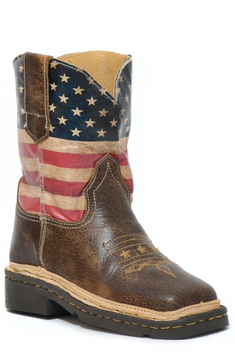 Roper Vintage Brown Square Toe Toddler Boot w/ American Flag