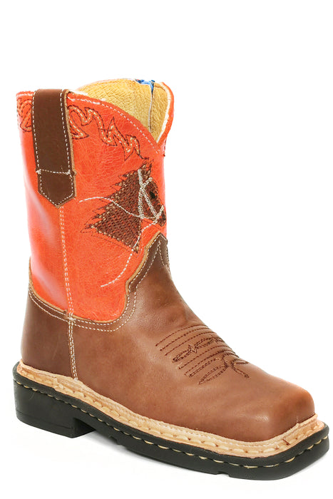 Boys Roper Burnished Tan Square Toe Boot w/ Embroidered Horse Head