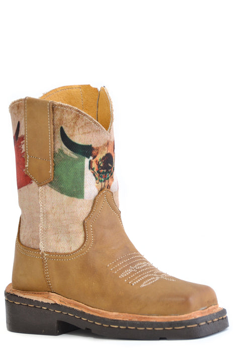 Boys Roper Tan Square Toe Toddler Boot w/ Mexican Flag