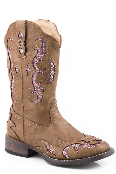 Girls Roper Tan Faux Leather Square Toe Boot w/ Pink Glitter Underlay