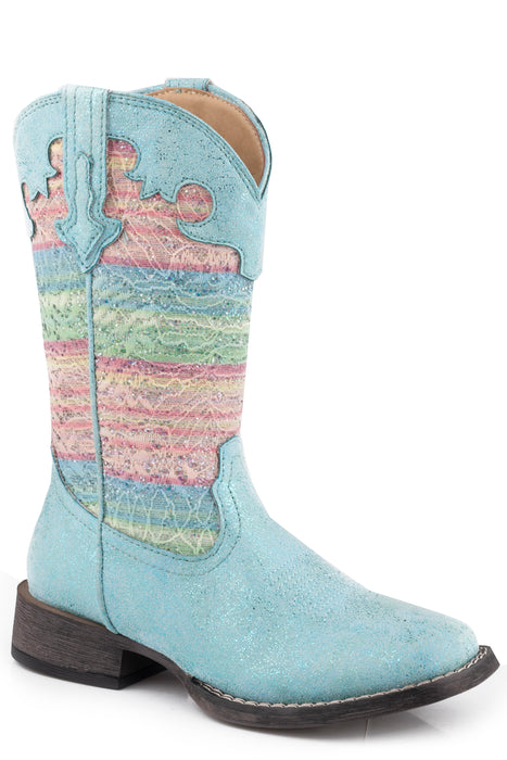 Girls Roper Metallic Turquoise & Glitter Western Square Toe Boot