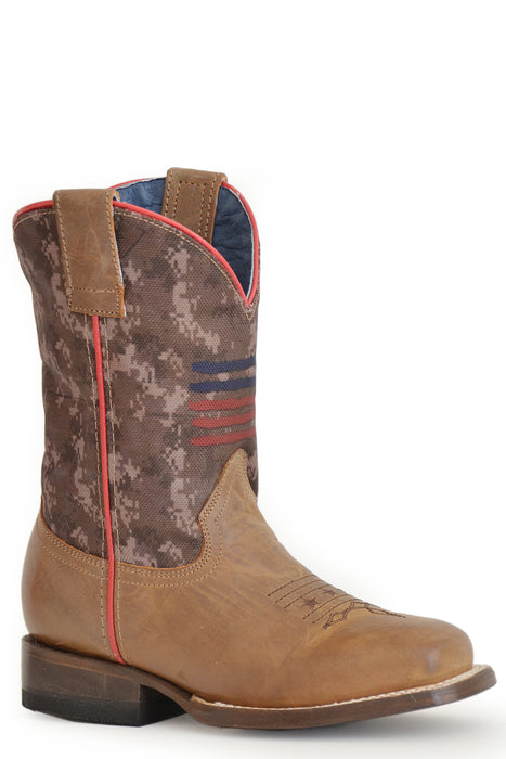 Boys Roper Burnished Brown Square Toe Boot w/ Camo Shaft