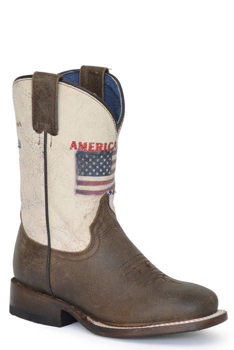 Boys Roper Vintage Brown Square Toe Boot w/ American Flag Embroidery
