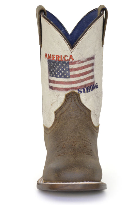 Boys Roper Vintage Brown Square Toe Boot w/ American Flag Embroidery