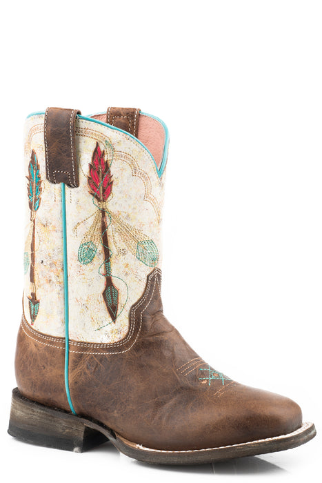 Girls Roper Soft Tan Square Toe Boot w/ Embroidered Arrows