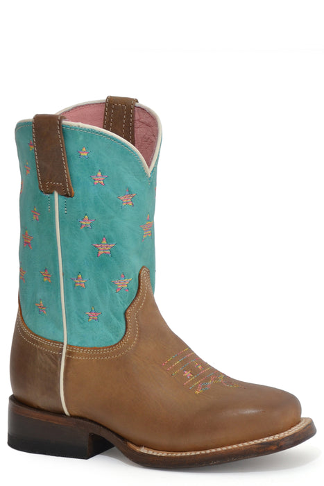 Girls Roper Burnished Brown Square Toe Boot w/ Embroidered Stars