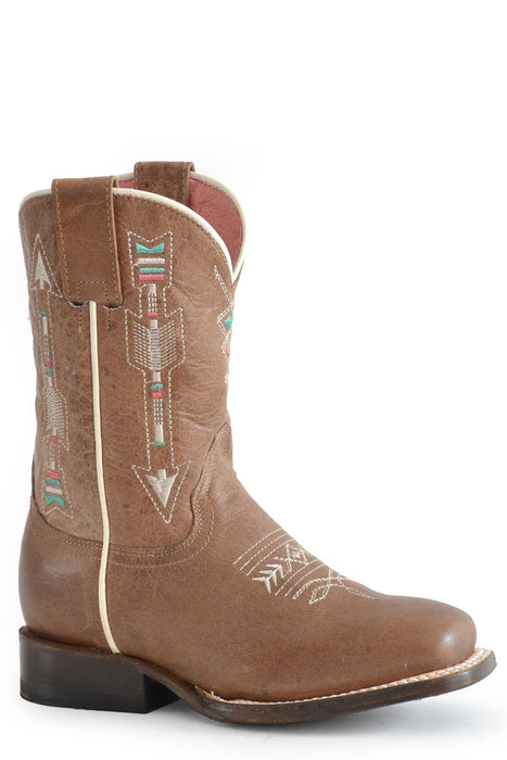 Girls Roper Vintage Tan Leather Square Toe Boot w/ Arrows Design