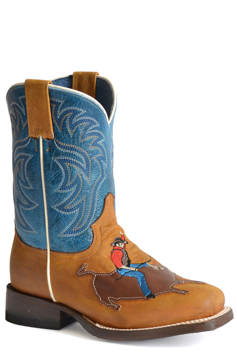 Boys Roper Burnished Tan Western Square Toe Boot w/ Stitched Bull Rider