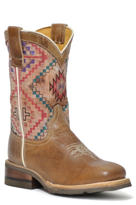 Girls Roper Burnished Brown Square Toe Boot w/ Native Design On Shaft