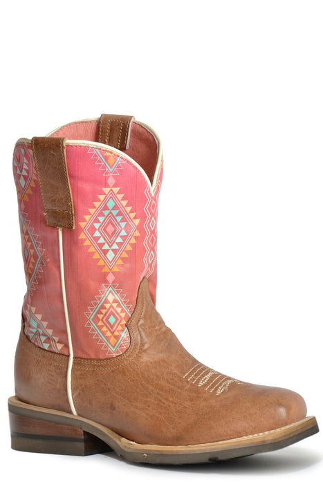 Girls Roper Waxy Brown Western Square Toe Boot w/ Printed Aztec Design