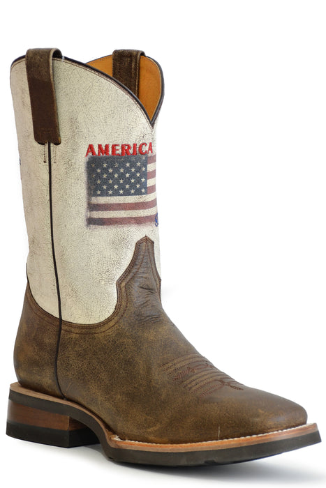 Men's Roper Vintage Brown Square Toe Boot w/ American Flag On Shaft