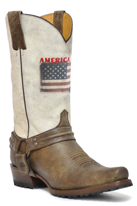 Men's Roper Vintage Brown Bandit Toe Boot w/ Printed Flag On Shaft