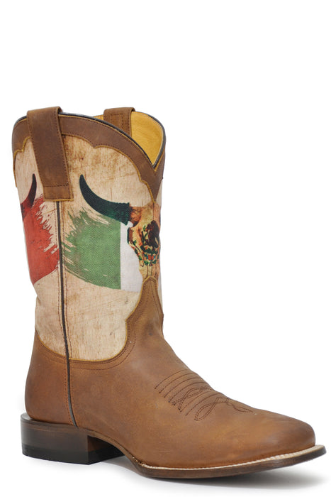 Men's Roper Oily Brown Square Toe Boot w/ Mexican Flag & Skull