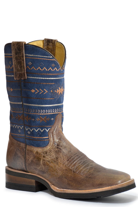 Men's Roper Blue Suede Aztec Western Square Toe Boot