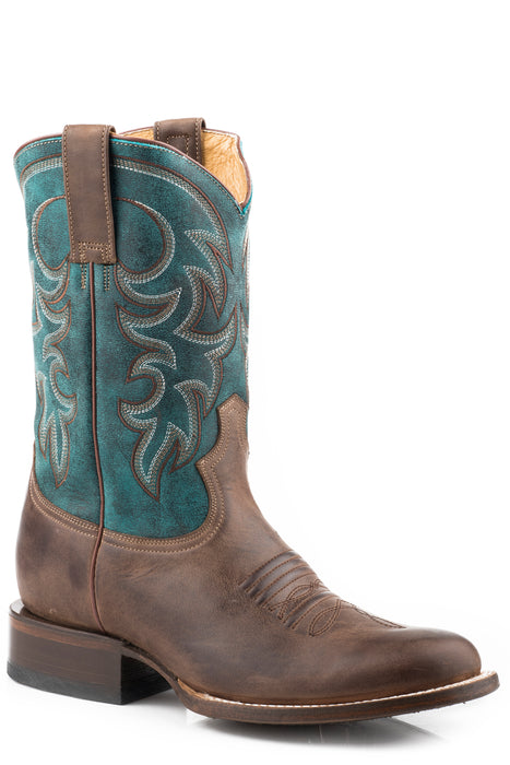 Men's Roper Burnished Brown Round Toe Boot w/ Turquoise Leather Shaft