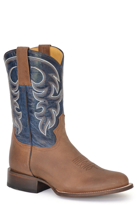 Men's Roper Waxy Tan Round Toe Boot w/ Marbled Blue Shaft