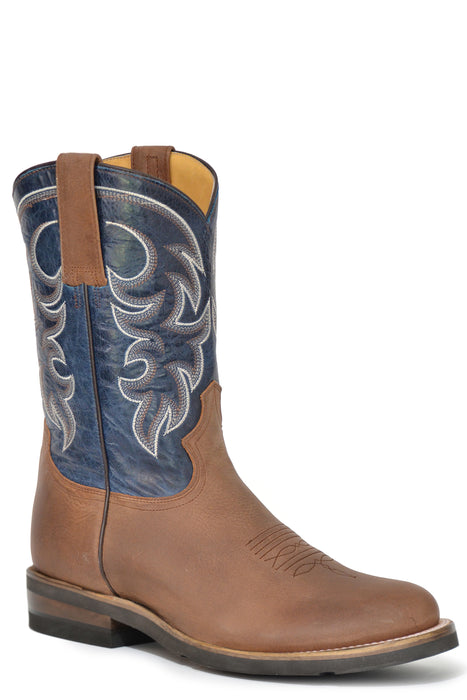 Men's Roper Waxy Tan Round Toe Boot w/ Marbled Blue Leather Shaft