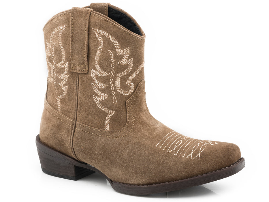 Women's Roper Tan Suede Leather Snip Toe Bootie w/ Western Stitching