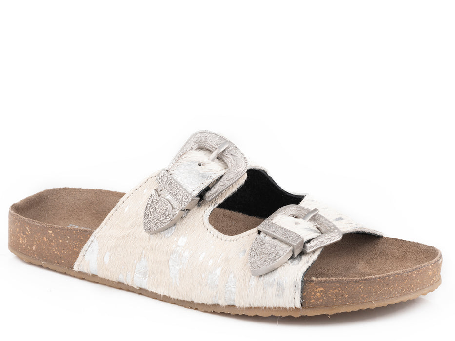 Roper White & Silver Hair-On Hide Two Buckle Sandal