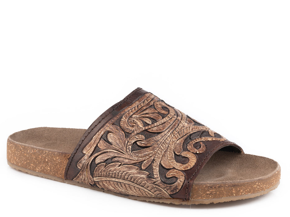 Roper Crème & Brown Hand Tooled Leather Slide