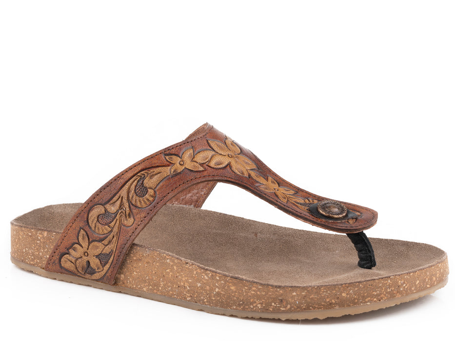 Roper Cognac & Tan Hand Tooled Sandal