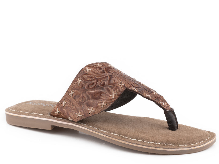 Roper Brown Floral Embossed Leather Sandal