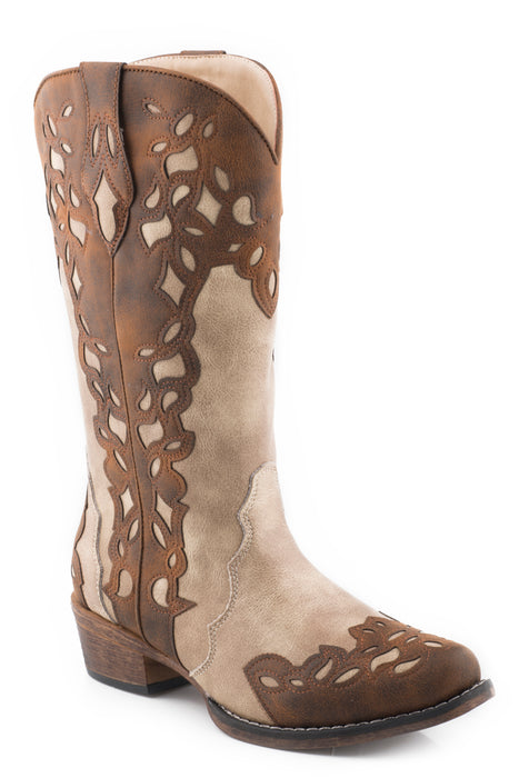 Women's Roper Vintage Tan Faux Leather Square Toe Boot w/ Leather Overlay