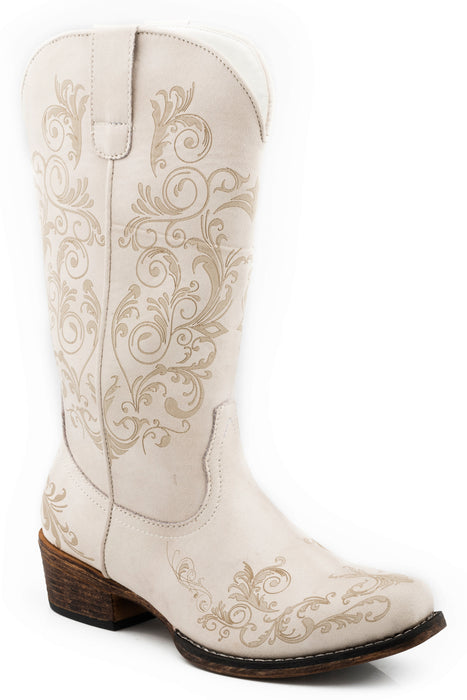 Women's Roper Vintage White Snip Toe Boot w/ Lasered Western Design