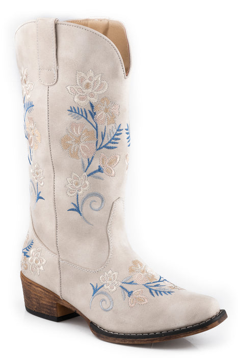 Women's Roper Vintage White Faux Leather Snip Toe Boot w/ Floral Embroidery