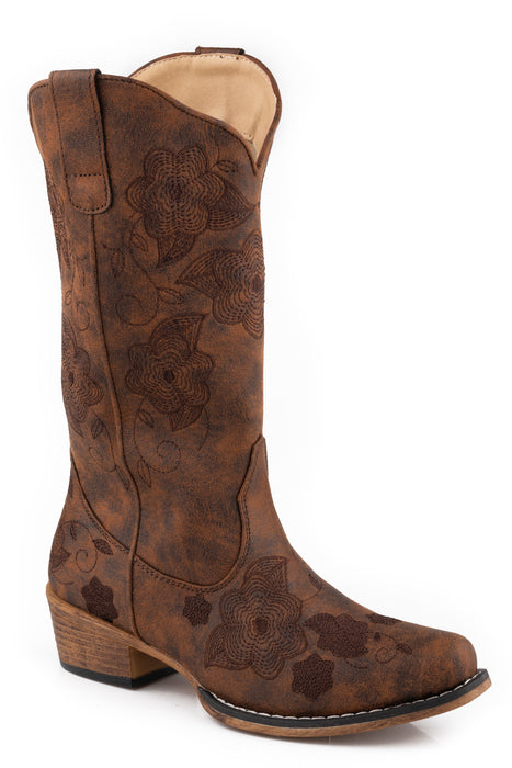 Women's Roper Vintage Brown Faux Leather Snip Toe Boot w/ Floral Embroidery