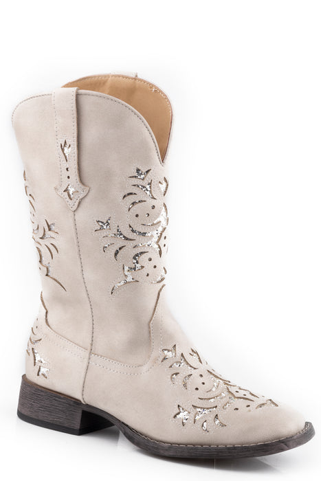 Women's Roper Vintage White Faux Leather Square Toe Boot w/ Glitter Underlay