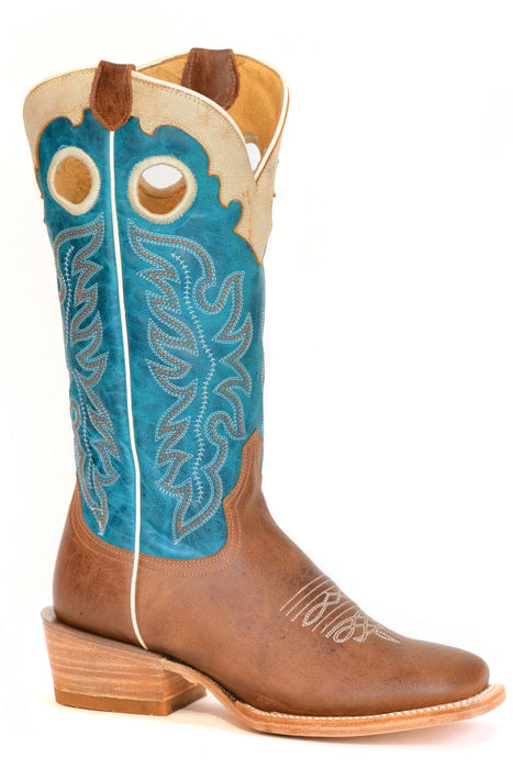 Women's Roper Burnish Brown/Waxy Turquoise Square Toe Boot w/ Riding Heel & Pull Holes