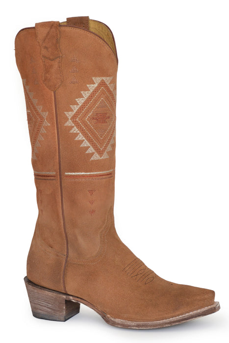 Women's Roper Rough Out Leather Western Snip Toe Boot w/ Embroidery On Shaft