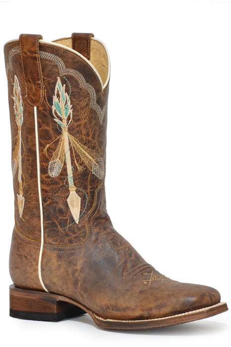 Women's Roper Waxy Brown Square Toe Boot w/ Arrow Embroidery