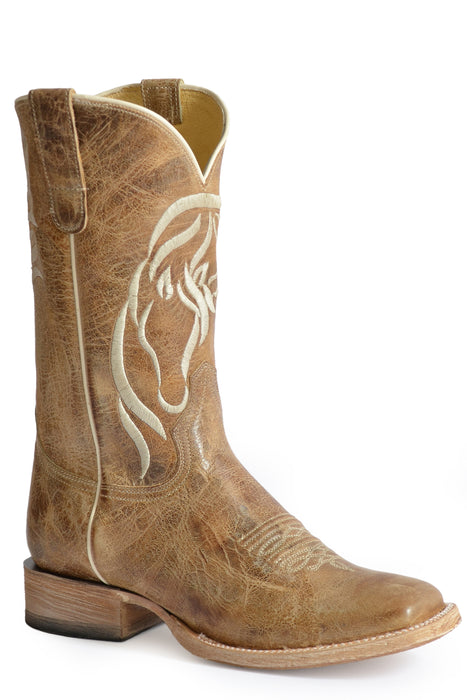 Women's Roper Waxy Light Brown Square Toe Boot w/ Horse Embroidery Design