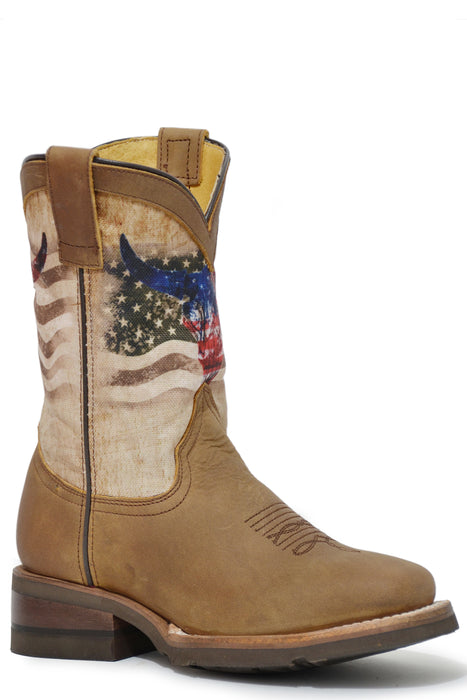 Boys Roper Oiled Tan Square Toe Boot w/ American Flag & Skull