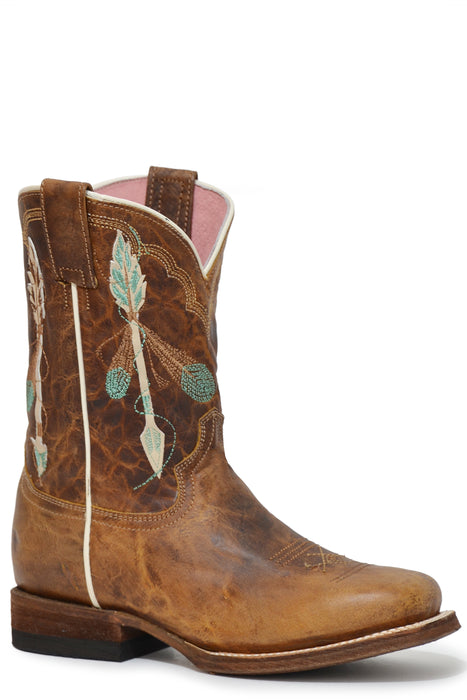 Girls Roper Waxy Brown Square Toe Boot w/ Arrow-Feather Embroidery